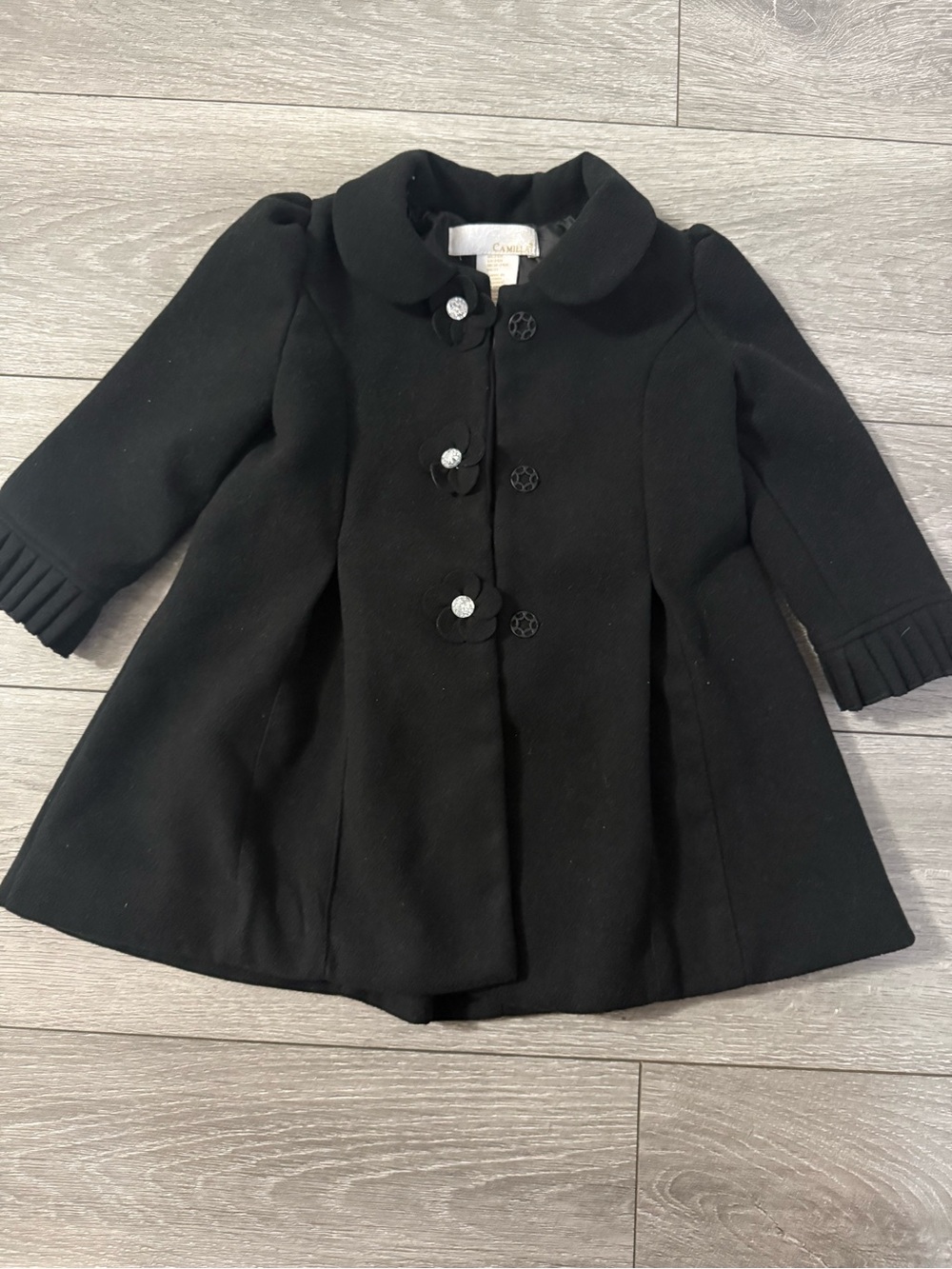 Camilla Black Girls' Pea Coat with Decorative Buttons